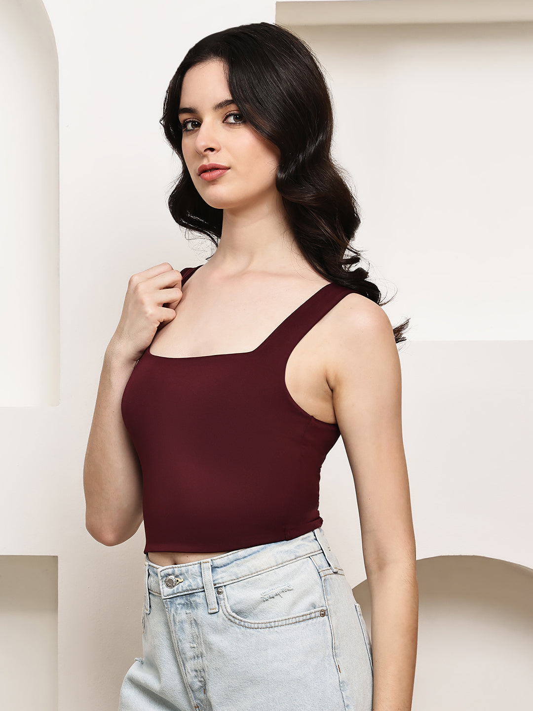 Women Wine Polyester Square Neck Tank Top