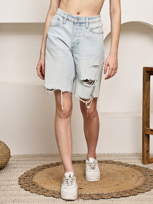 Women Light Blue Knee-Length Denim Shorts