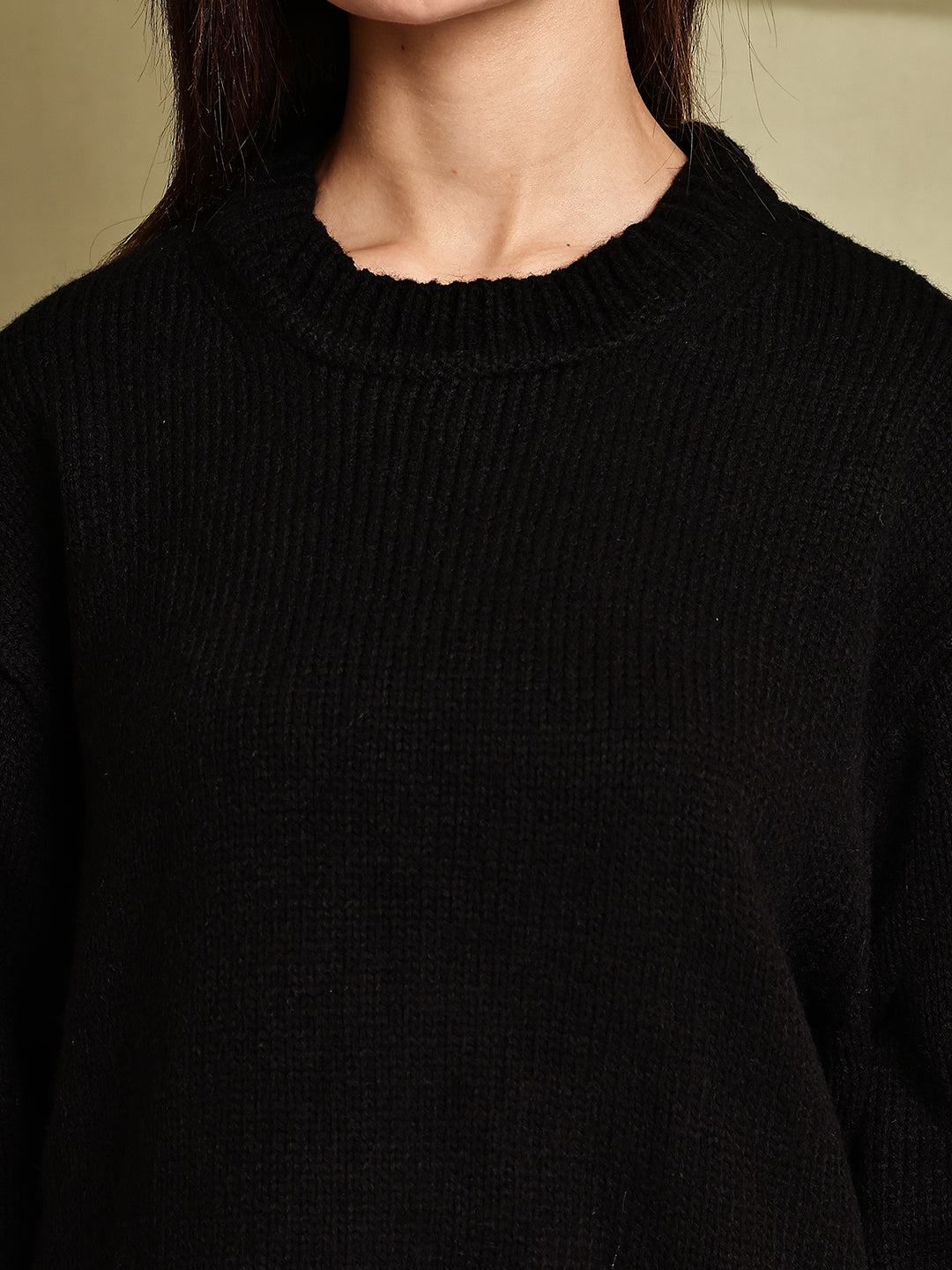 Women Black Acrylic Full Sleeve Knit Sweater