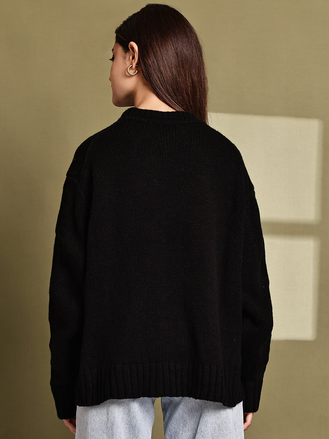 Women Black Acrylic Full Sleeve Knit Sweater
