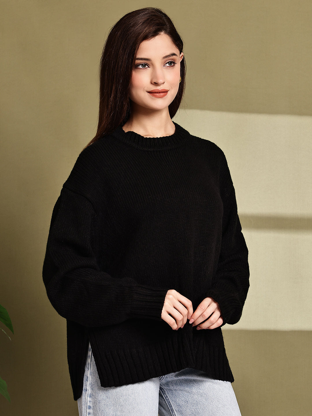 Women Black Acrylic Full Sleeve Knit Sweater