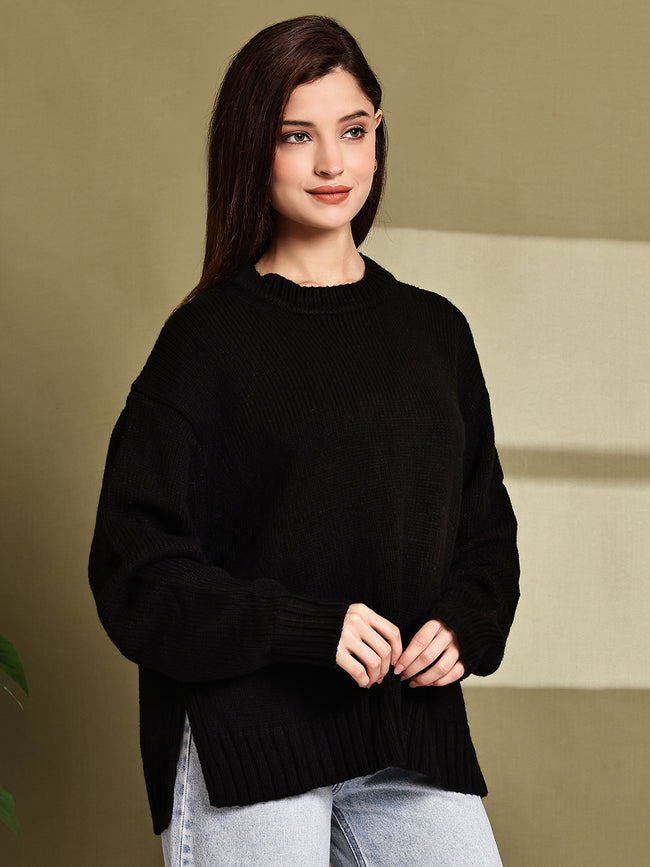 Women Black Acrylic Full Sleeve Knit Sweater