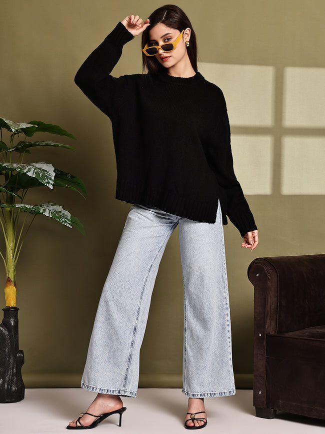 Women Black Acrylic Full Sleeve Knit Sweater