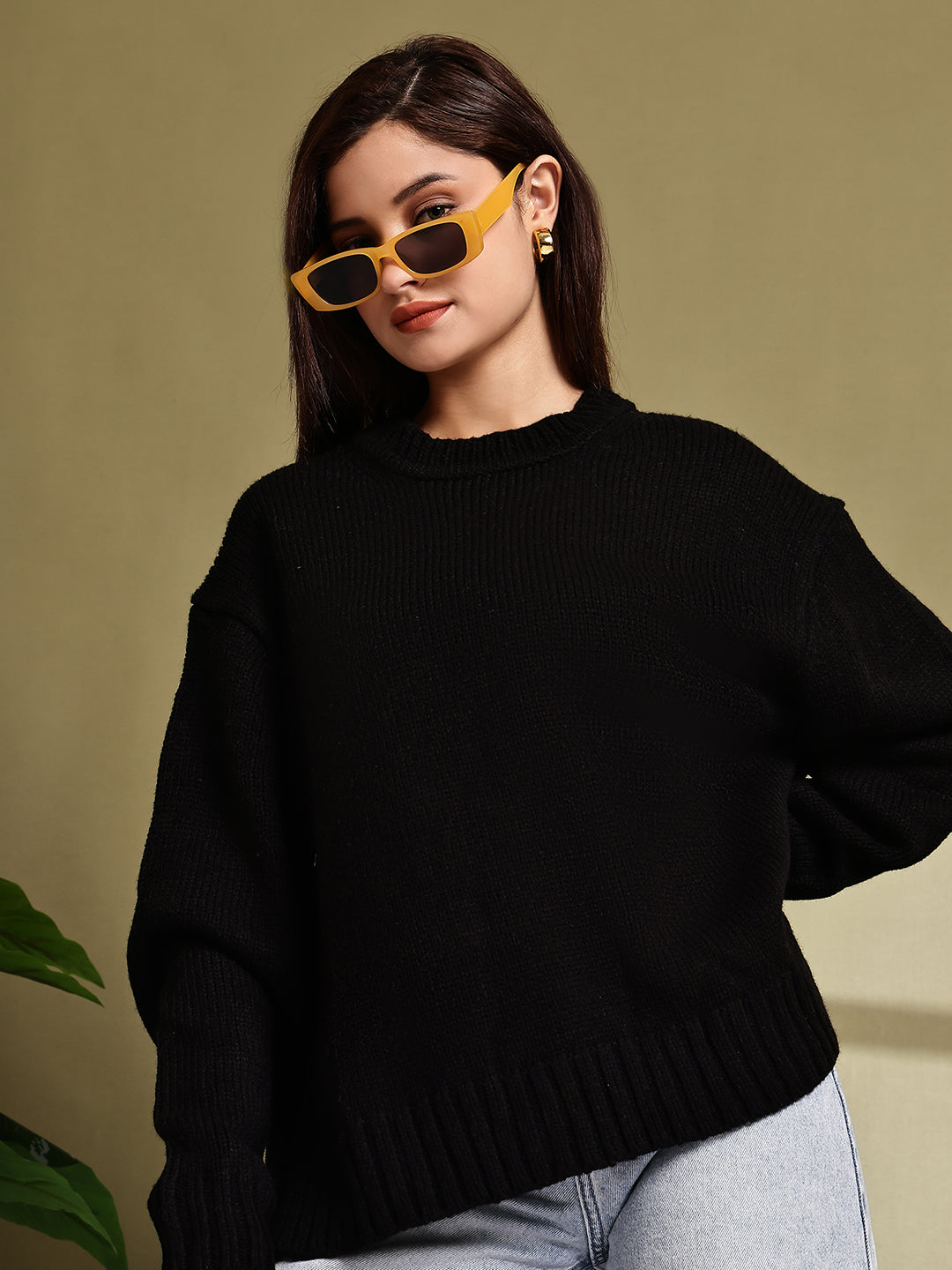 Women Black Acrylic Full Sleeve Knit Sweater