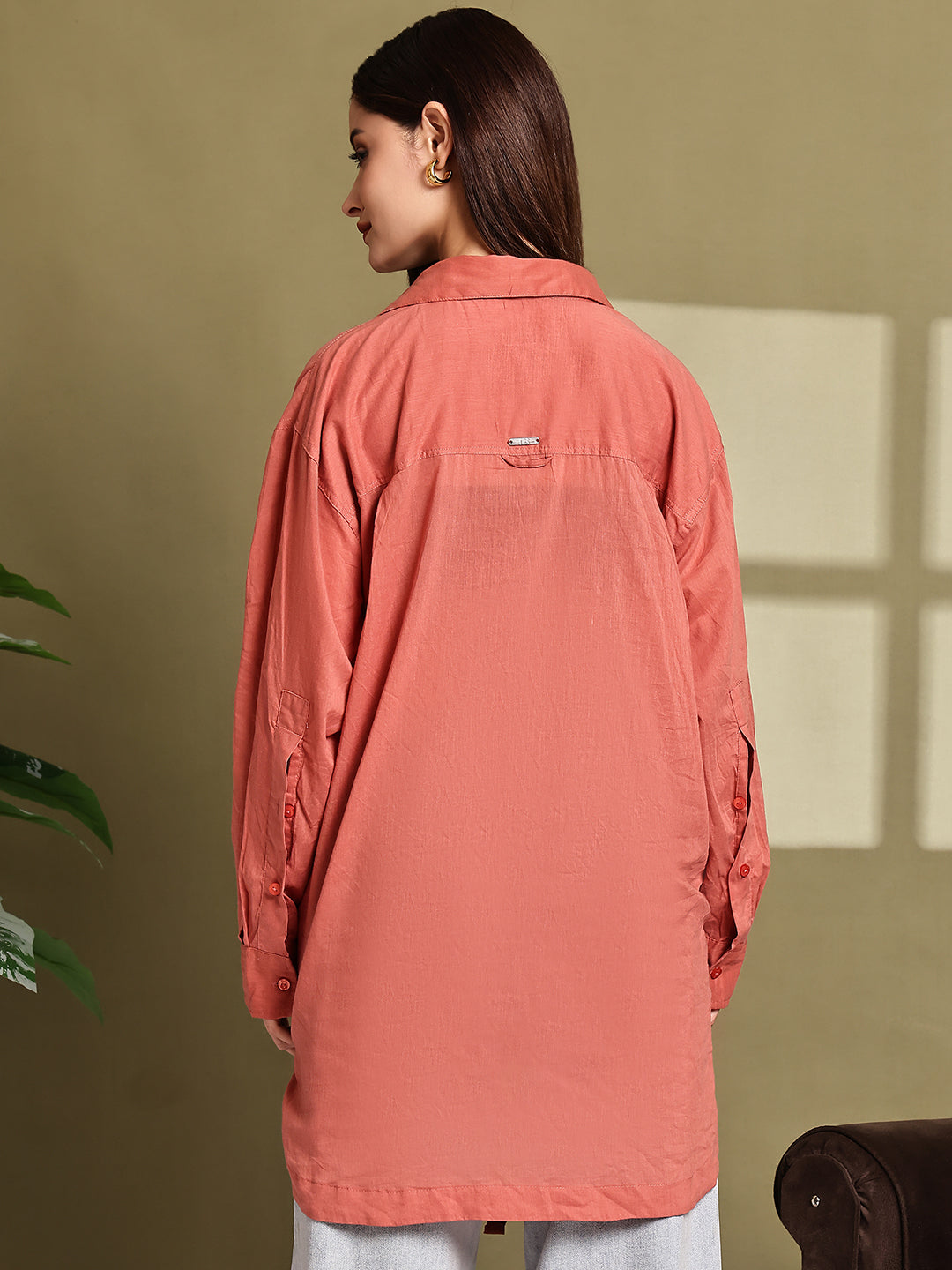 Women Rust Cotton Longline Shirt