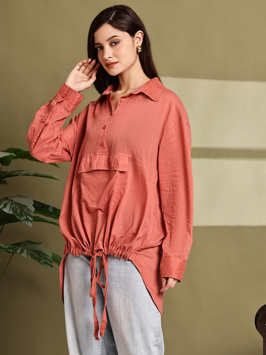 Women Rust Cotton Longline Shirt