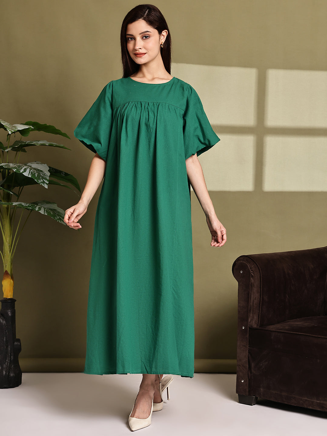 Women Green Cotton Maxi Dress
