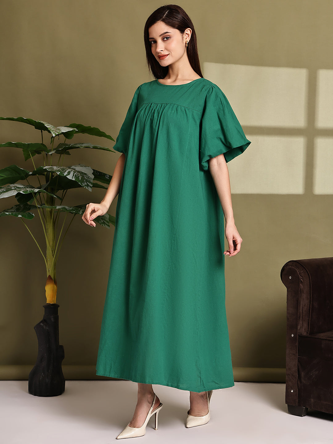 Women Green Cotton Maxi Dress