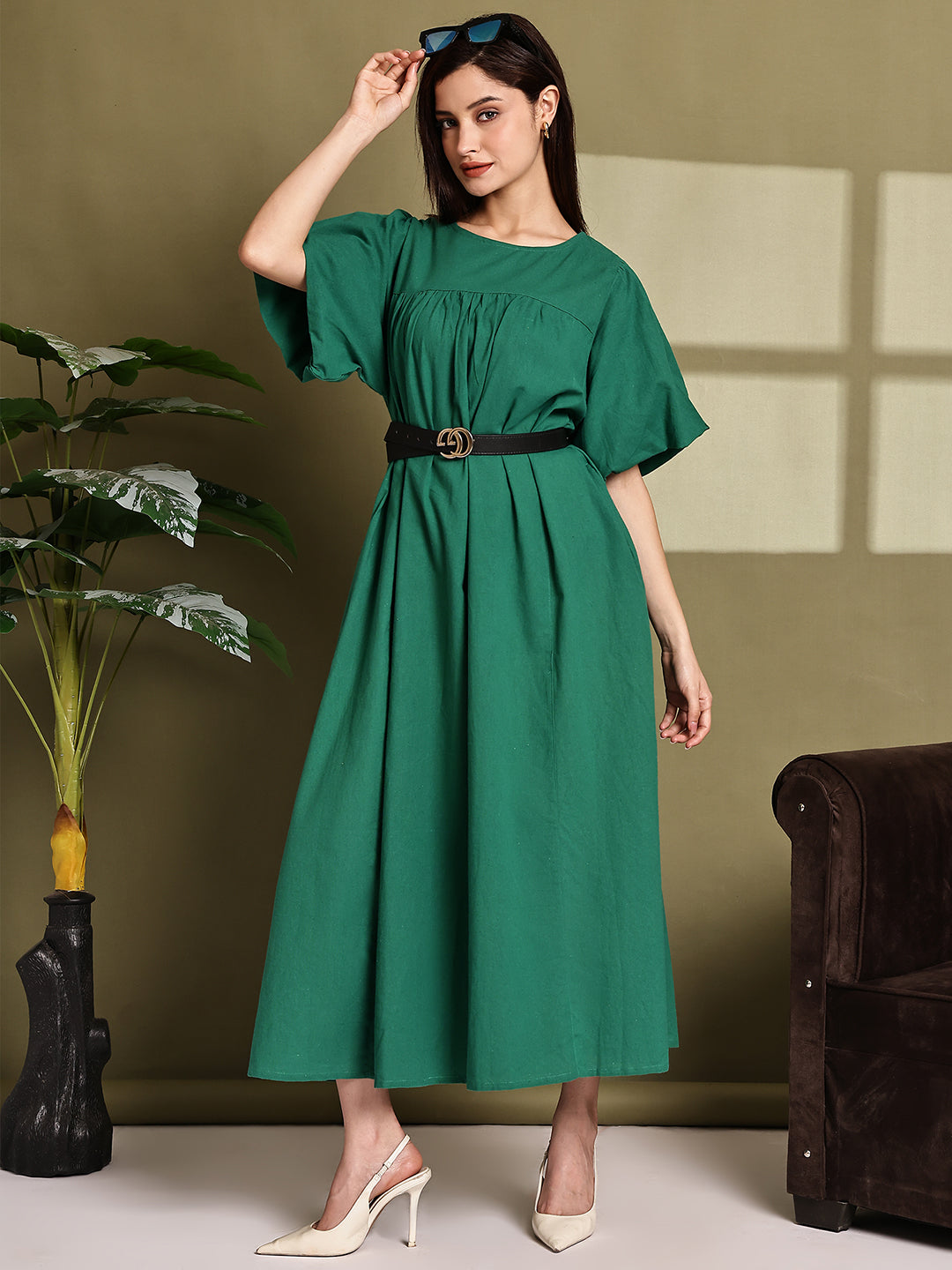 Women Green Cotton Maxi Dress