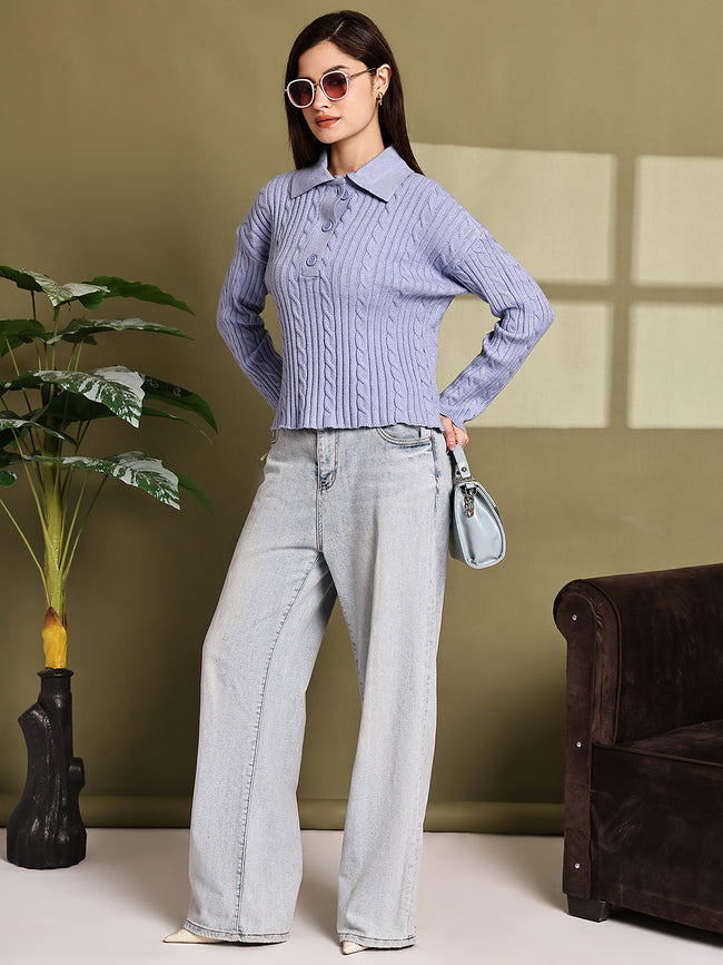 Women Blue Acrylic Full Sleeve Polo Sweater
