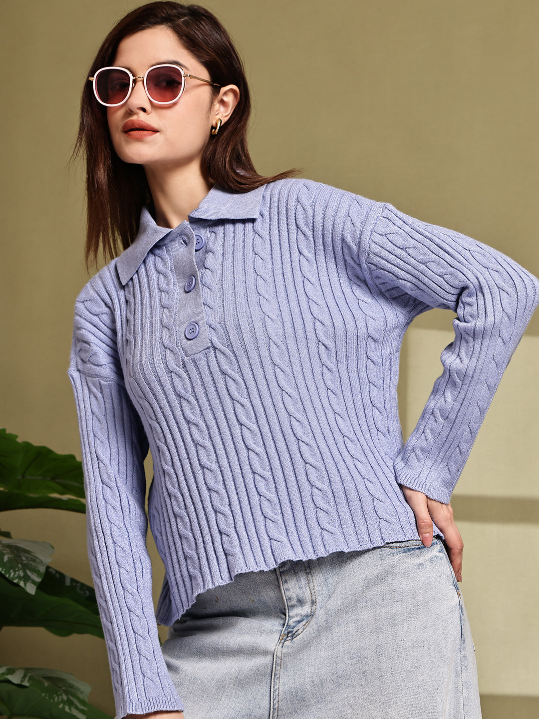 Women Blue Acrylic Full Sleeve Polo Sweater