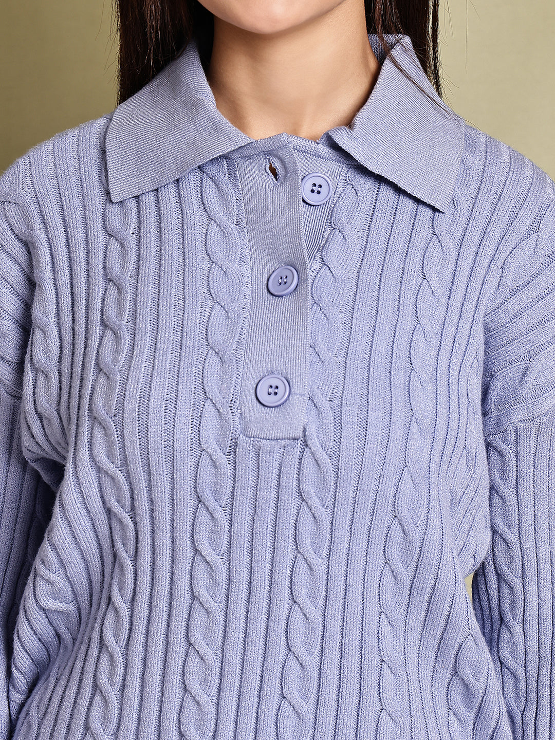 Women Blue Acrylic Full Sleeve Polo Sweater