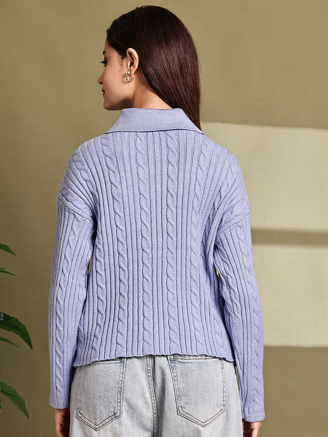 Women Blue Acrylic Full Sleeve Polo Sweater