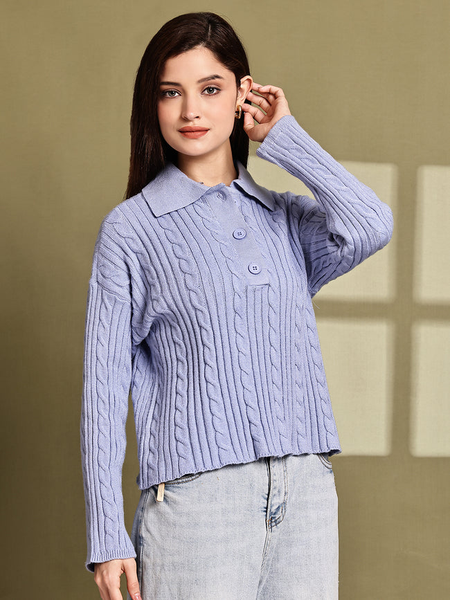 Women Blue Acrylic Full Sleeve Polo Sweater