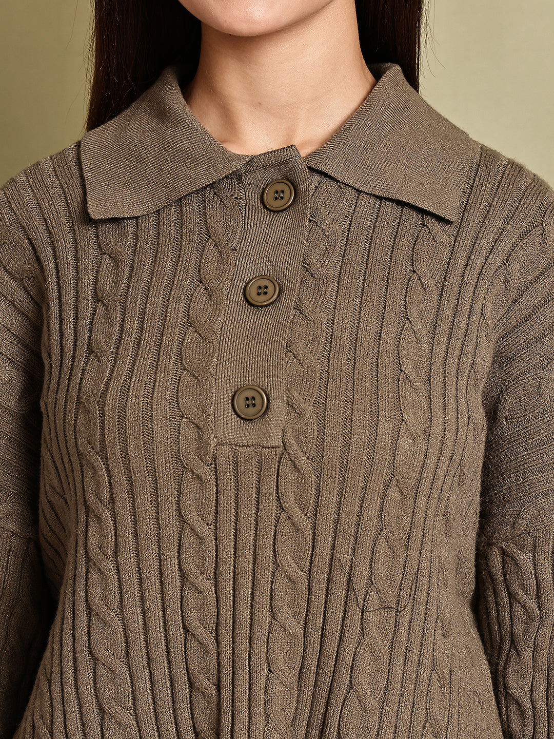 Women Green Acrylic Full Sleeve Polo Sweater