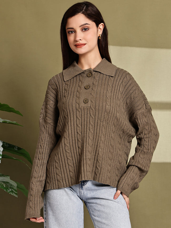 Women Green Acrylic Full Sleeve Polo Sweater