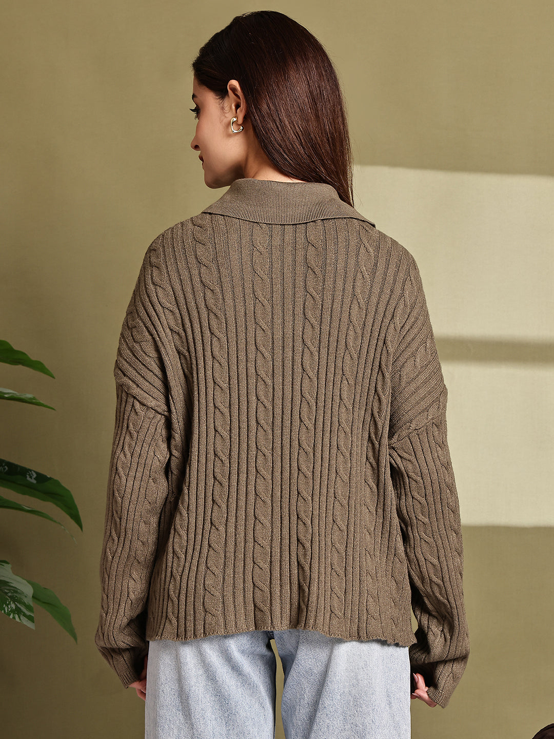 Women Green Acrylic Full Sleeve Polo Sweater