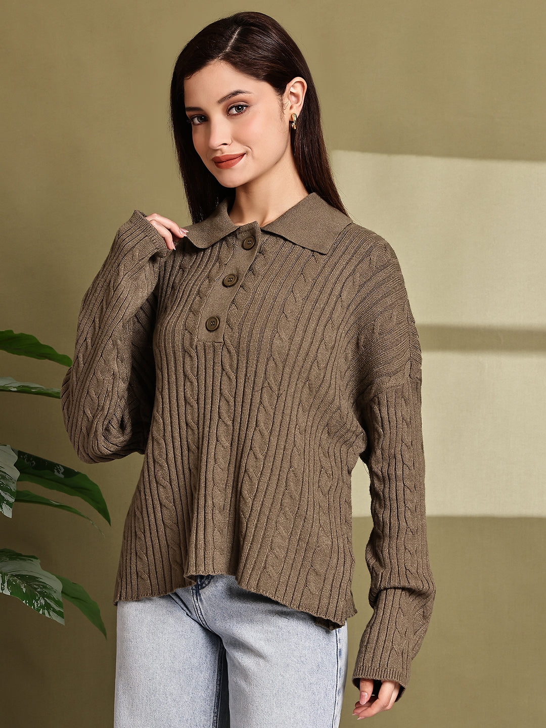 Women Green Acrylic Full Sleeve Polo Sweater