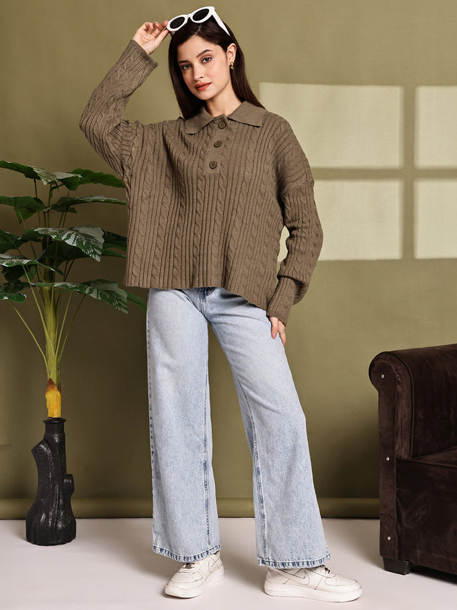 Women Green Acrylic Full Sleeve Polo Sweater
