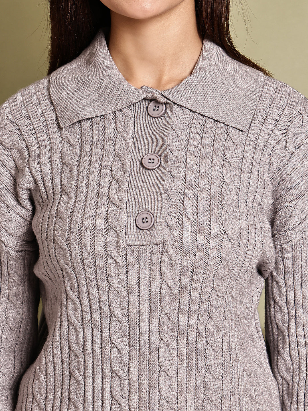 Women Grey Acrylic Full Sleeve Polo Sweater