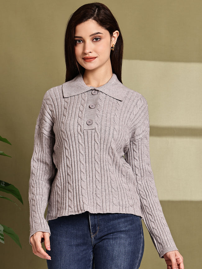 Women Grey Acrylic Full Sleeve Polo Sweater