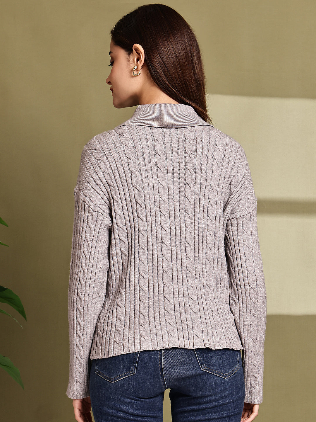 Women Grey Acrylic Full Sleeve Polo Sweater