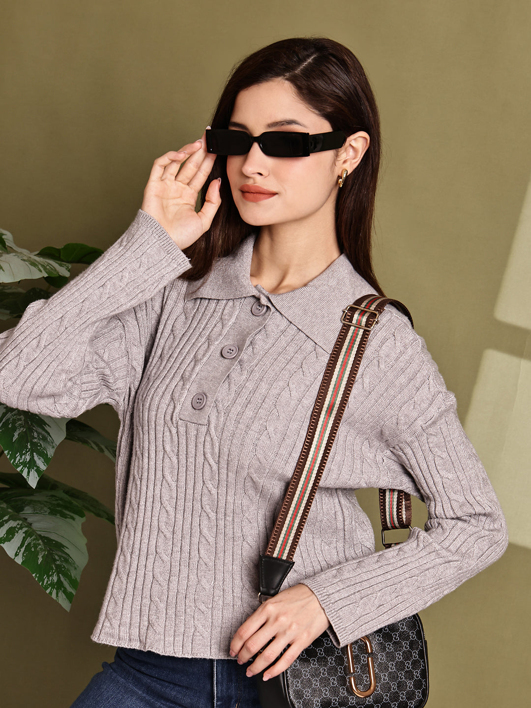 Women Grey Acrylic Full Sleeve Polo Sweater