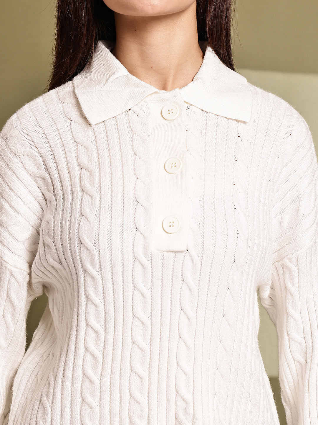 Women White Acrylic Full Sleeve Knit Sweater