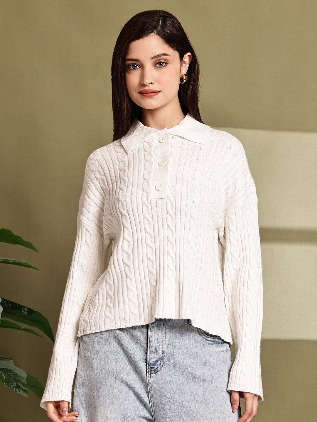 Women White Acrylic Full Sleeve Knit Sweater