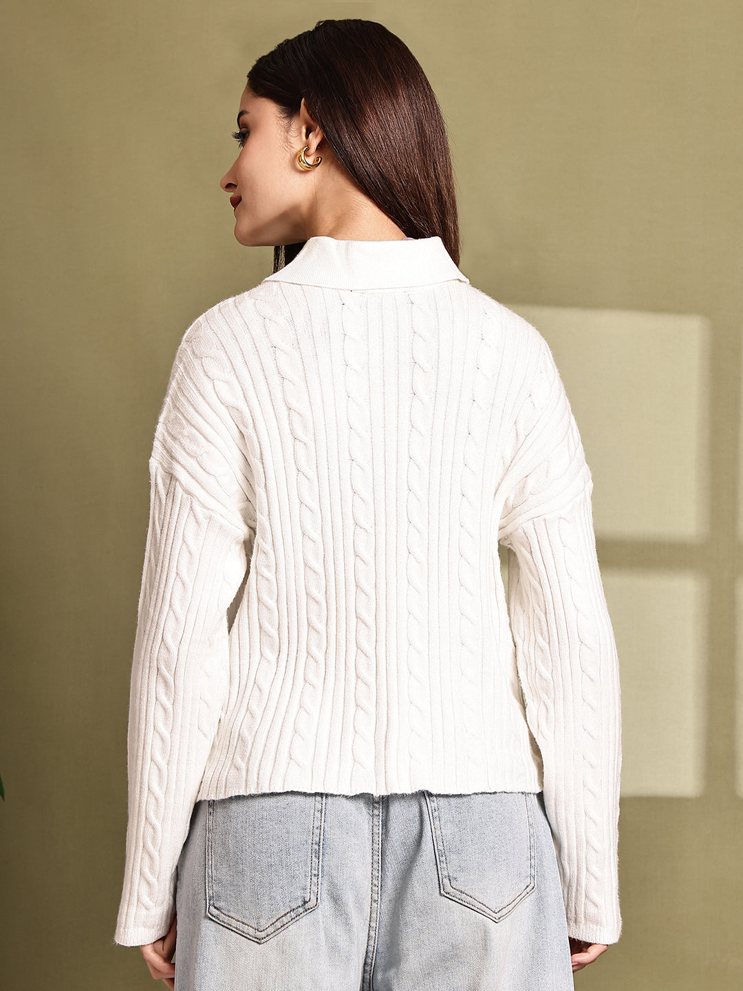 Women White Acrylic Full Sleeve Knit Sweater