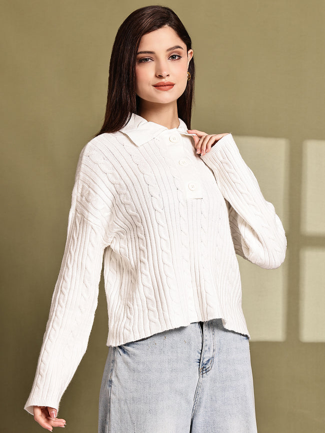 Women White Acrylic Full Sleeve Knit Sweater