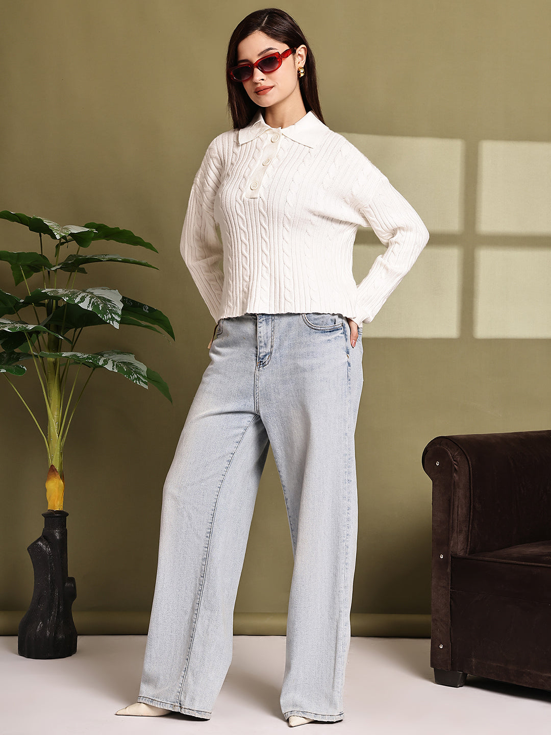 Women White Acrylic Full Sleeve Knit Sweater