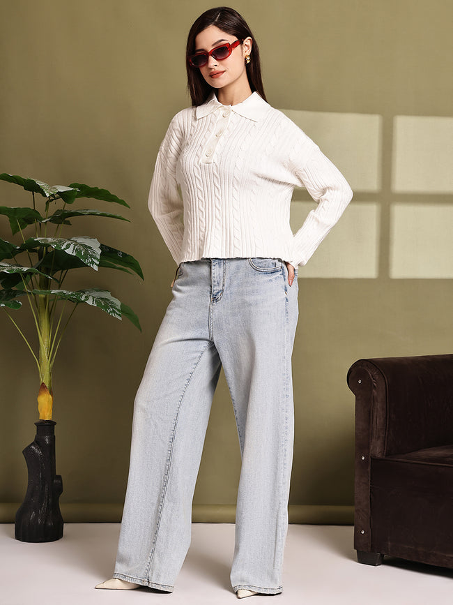 Women White Acrylic Full Sleeve Knit Sweater