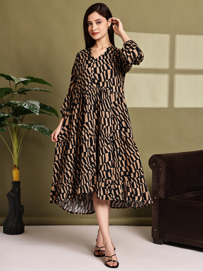 Women Brown Printed Cotton Tiered Midi Dress