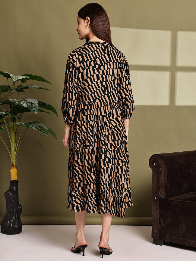 Women Brown Printed Cotton Tiered Midi Dress
