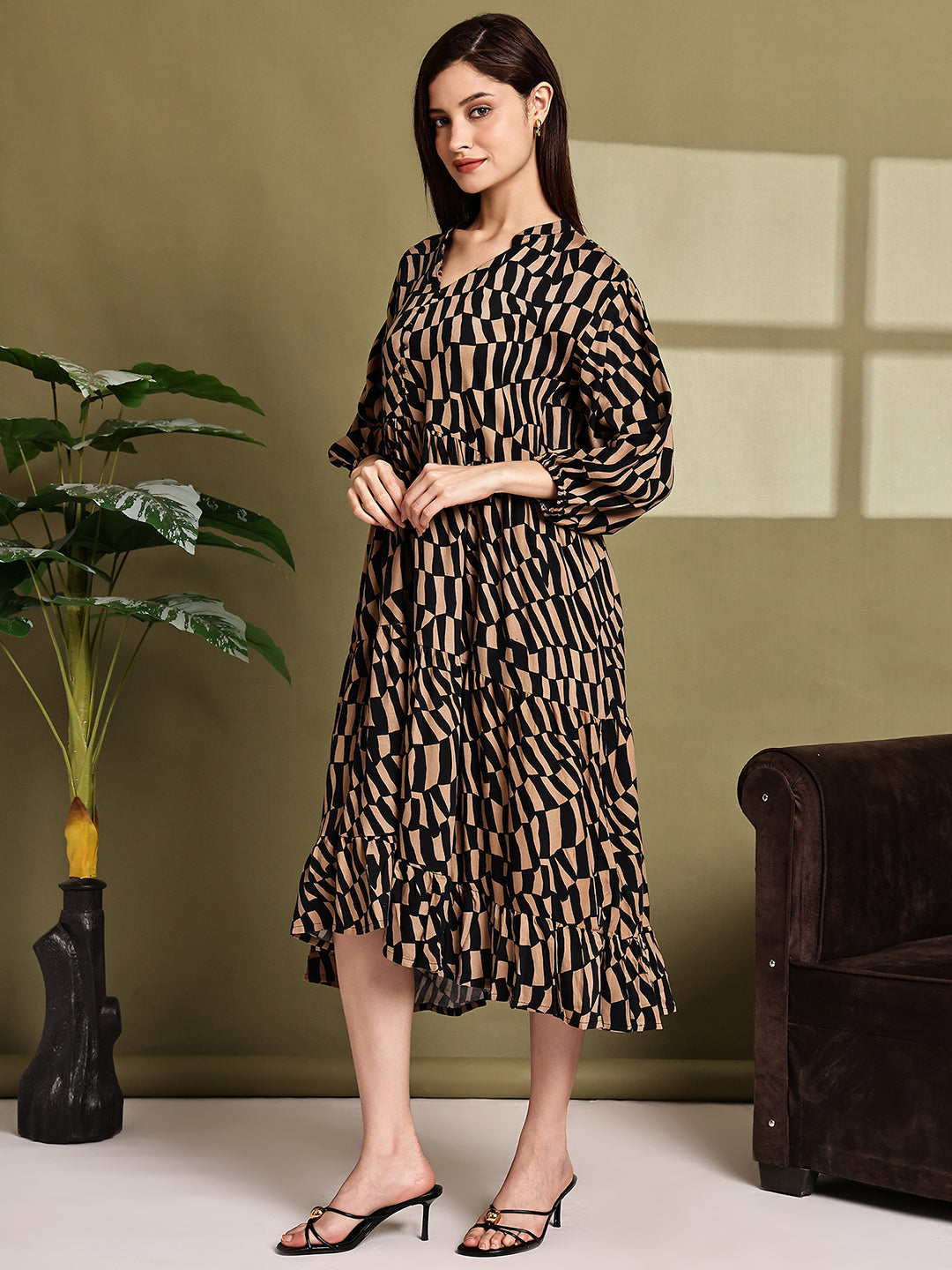 Women Brown Printed Cotton Tiered Midi Dress
