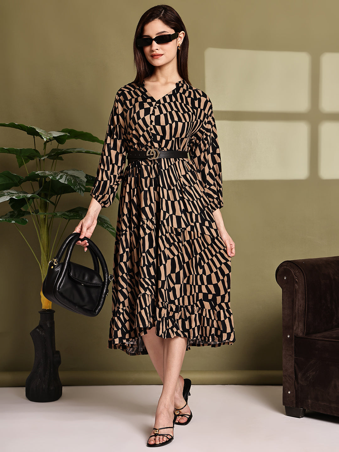 Women Brown Printed Cotton Tiered Midi Dress