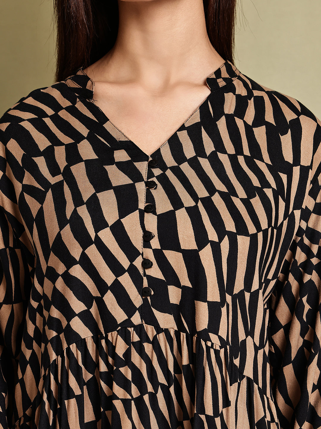 Women Brown Printed Cotton Tiered Midi Dress