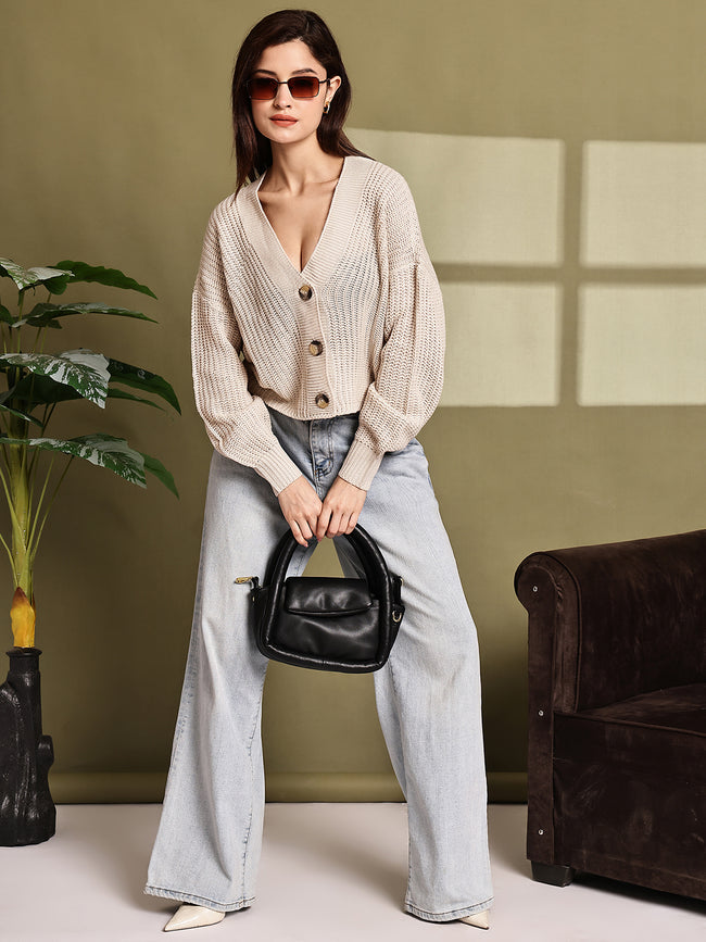 Women Beige Acrylic Cardigan