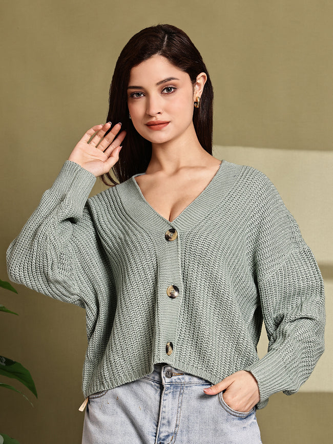Women Green Acrylic Cardigan
