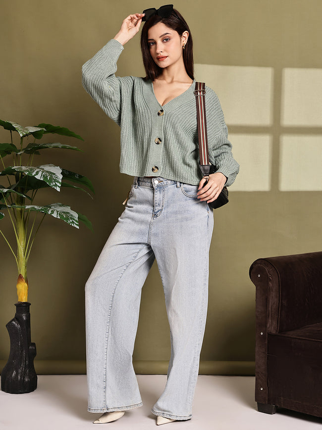 Women Green Acrylic Cardigan