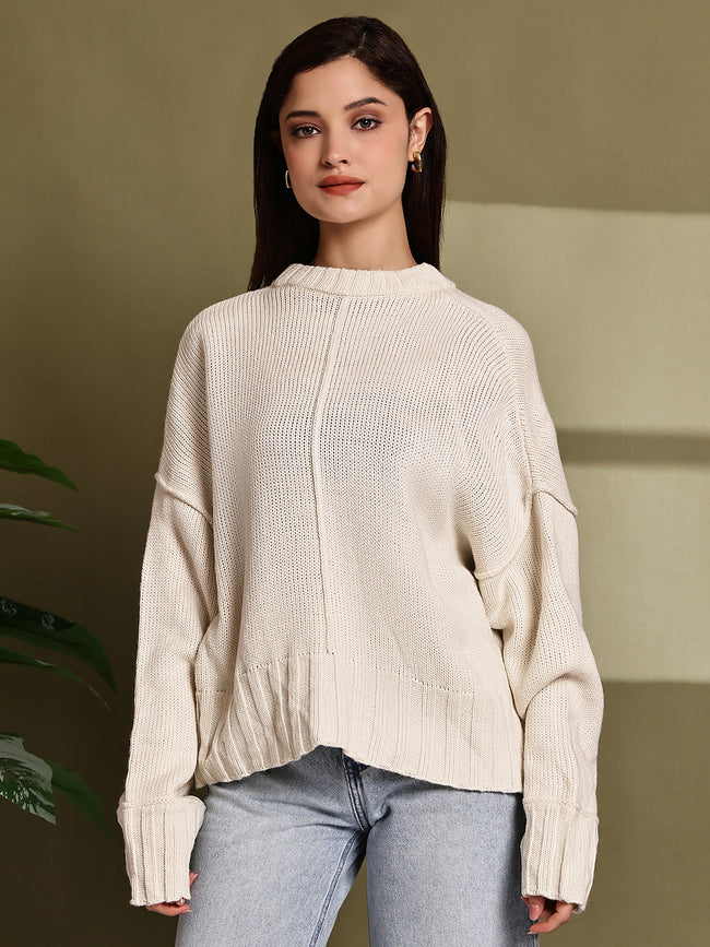 Women Cream Full Sleeve Knit Sweater