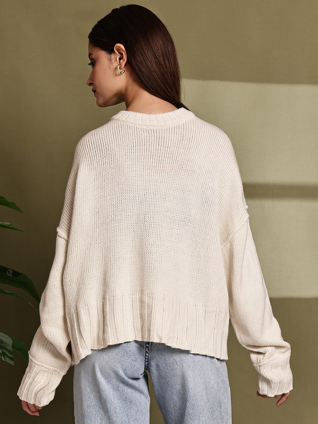 Women Cream Full Sleeve Knit Sweater