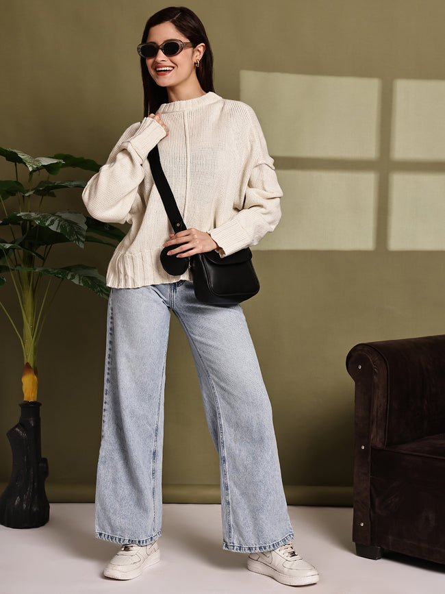 Women Cream Full Sleeve Knit Sweater