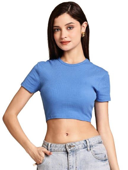 Women Blue Polyester Back Tie Crop Top