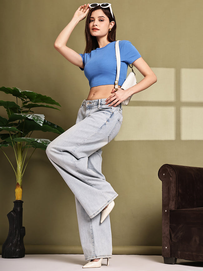 Women Blue Polyester Back Tie Crop Top