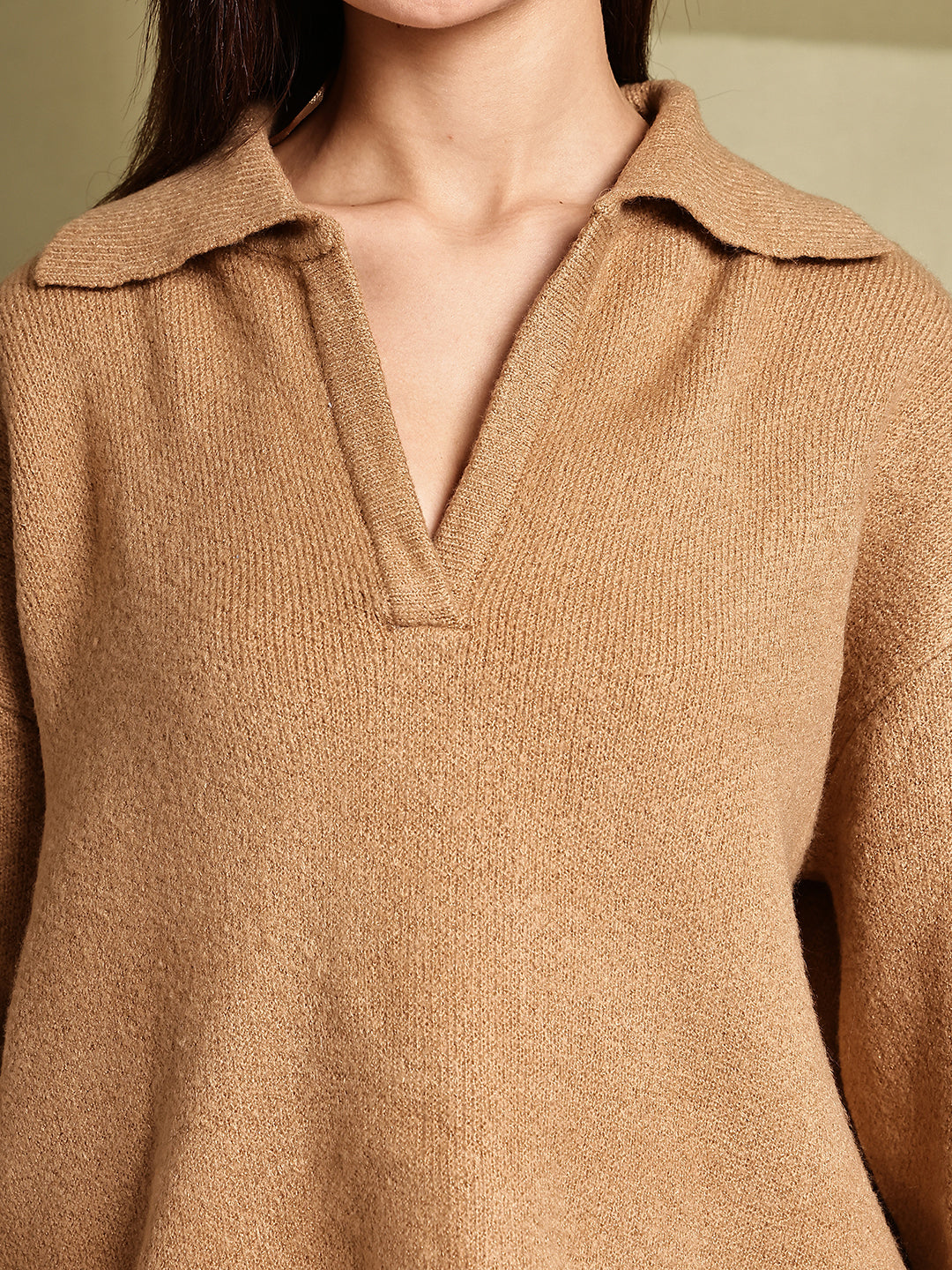 Women Brown Acrylic Full Sleeve Collared Sweater