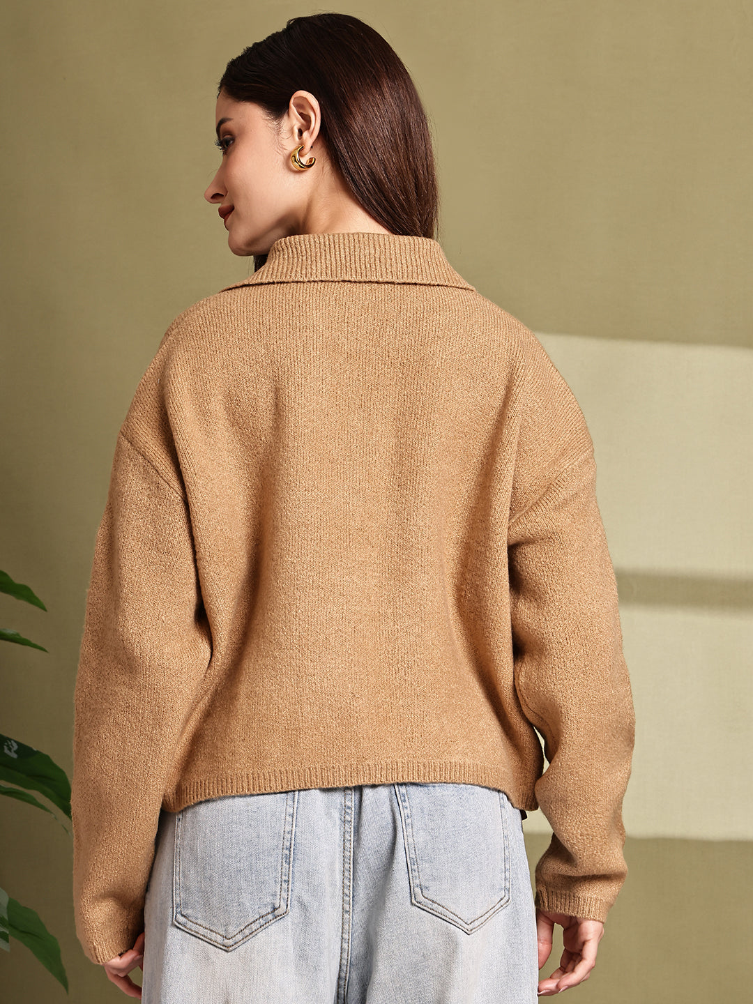 Women Brown Acrylic Full Sleeve Collared Sweater