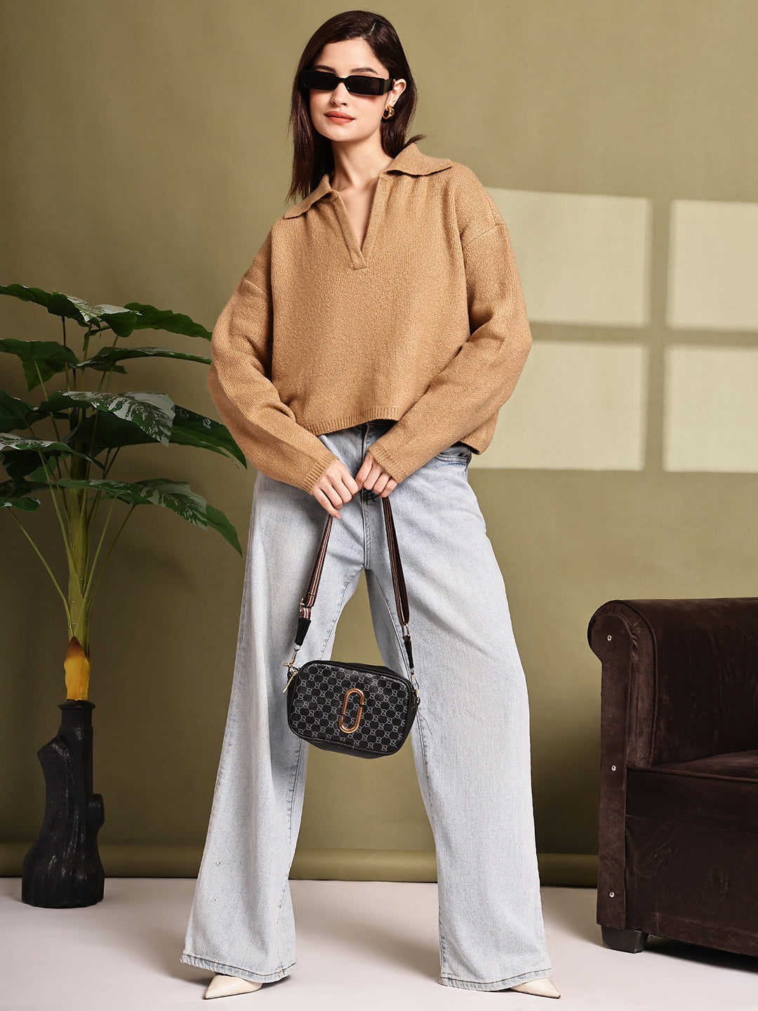 Women Brown Acrylic Full Sleeve Collared Sweater