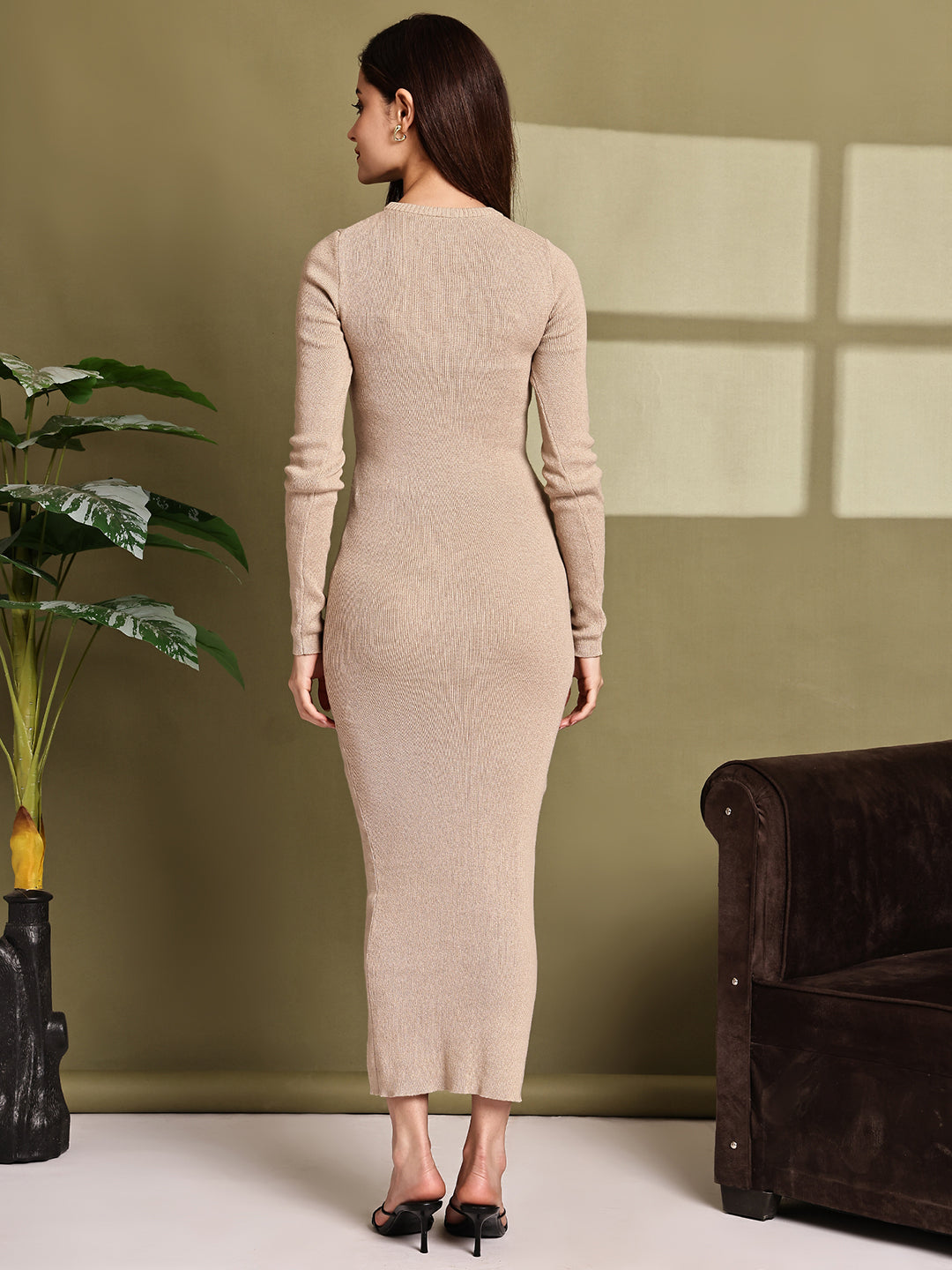 Women Brown Acrylic Knit Maxi Dress